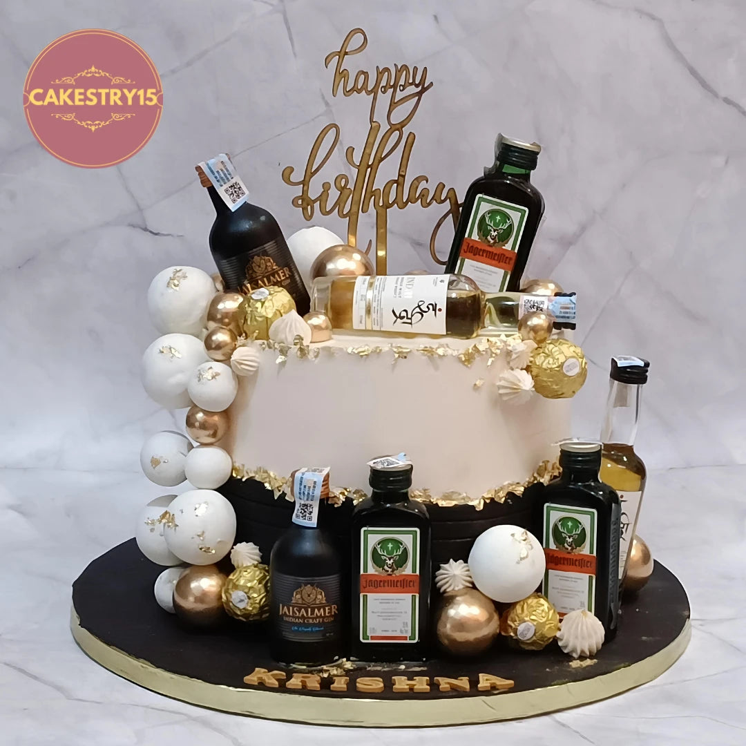 Premium booze theme birthday cake and theme cake Noida design featuring fault line detailing, Ferrero Rocher accents and handcrafted eggless cakes.