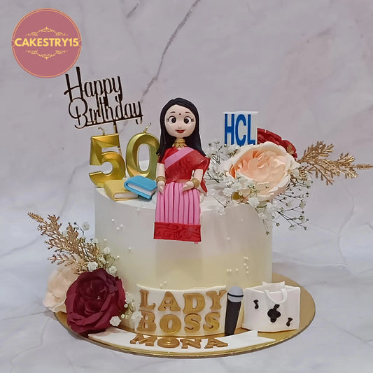 Elegant eggless birthday cake style theme cake Noida design with lady boss details and premium floral finishing by Cakestry15.