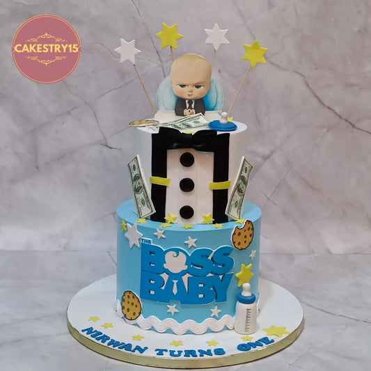 Boss Baby first birthday cake for Nirwan age 1, eggless kids birthday cake in Noida with executive theme design