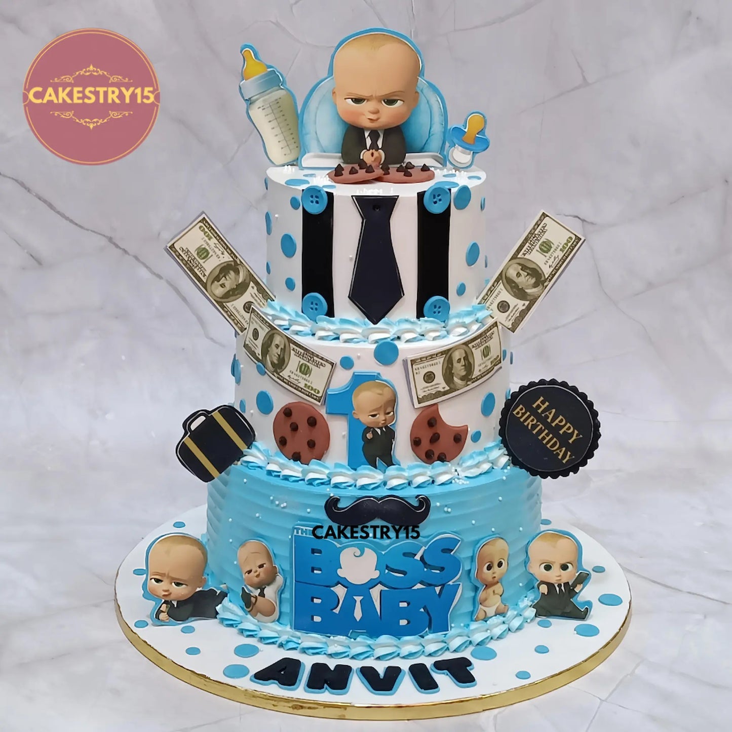 eggless boss baby theme first birthday 3tiered cake by cakestry15 noida