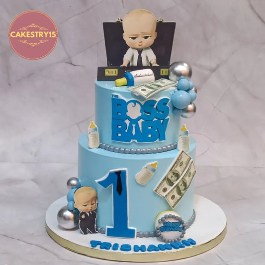 Boss Baby themed kids birthday cake for boys with pineapple flavour, premium eggless cakes and theme cake Noida design.