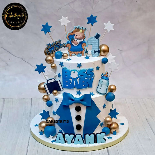 Eggless Boss Baby theme designer first birthday cake with chocolate flavour and custom name Ayank by Cakestry15 in Noida