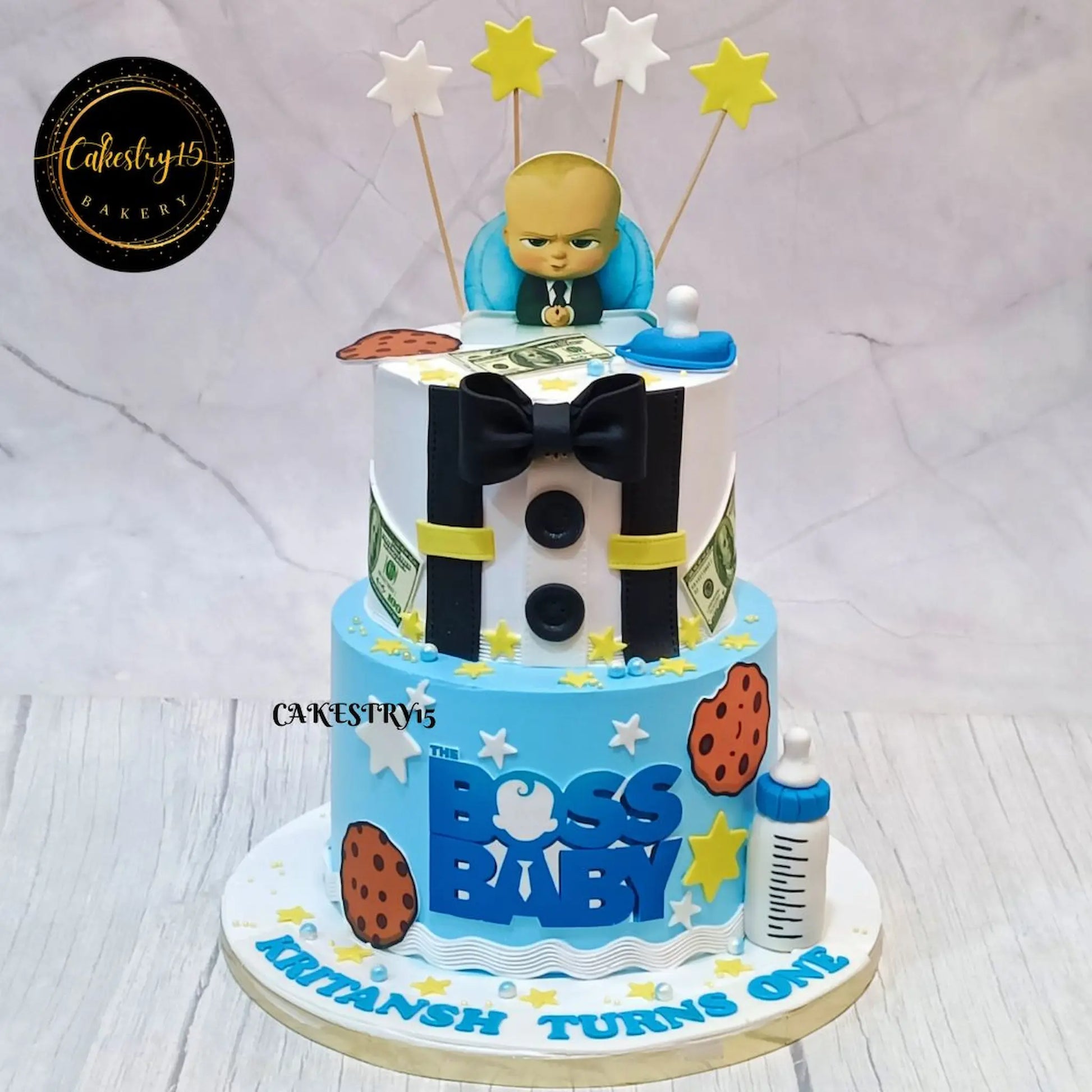 Boss Baby theme executive first birthday cake for kids, eggless butterscotch custom cake by Cakestry15 Noida