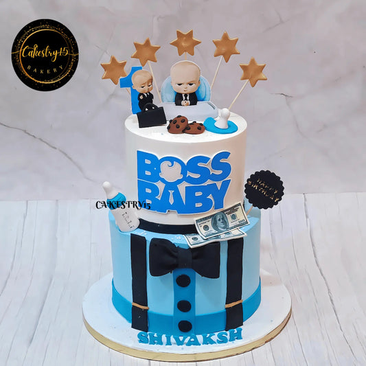 Boss Baby theme eggless butterscotch first birthday cake for kids with custom two tier design in Noida by Cakestry15