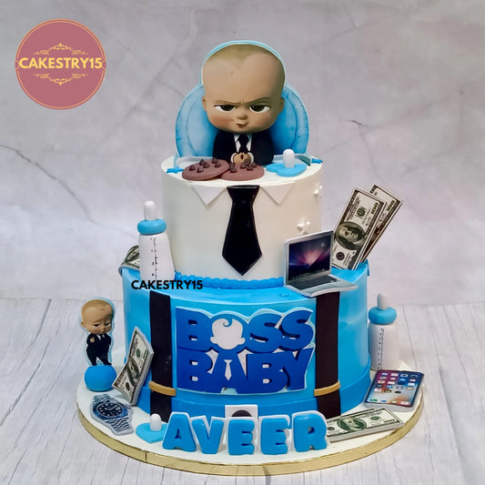Boss Baby theme first birthday cake in eggless choco chip flavour made by Cakestry15 in Noida for kids birthday celebrations