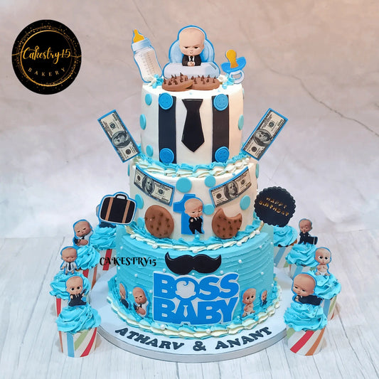 Boss Baby theme eggless twin first birthday cake with 3 tiers and chocolate flavour made by Cakestry15 in Noida