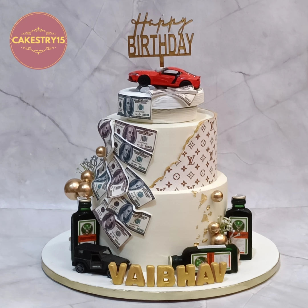 Boss Birthday Millionaire Theme Cake featuring luxury details, a rotating sports car and dollar decorations, a premium theme cake Noida customers order from fresh eggless cakes specialists.
