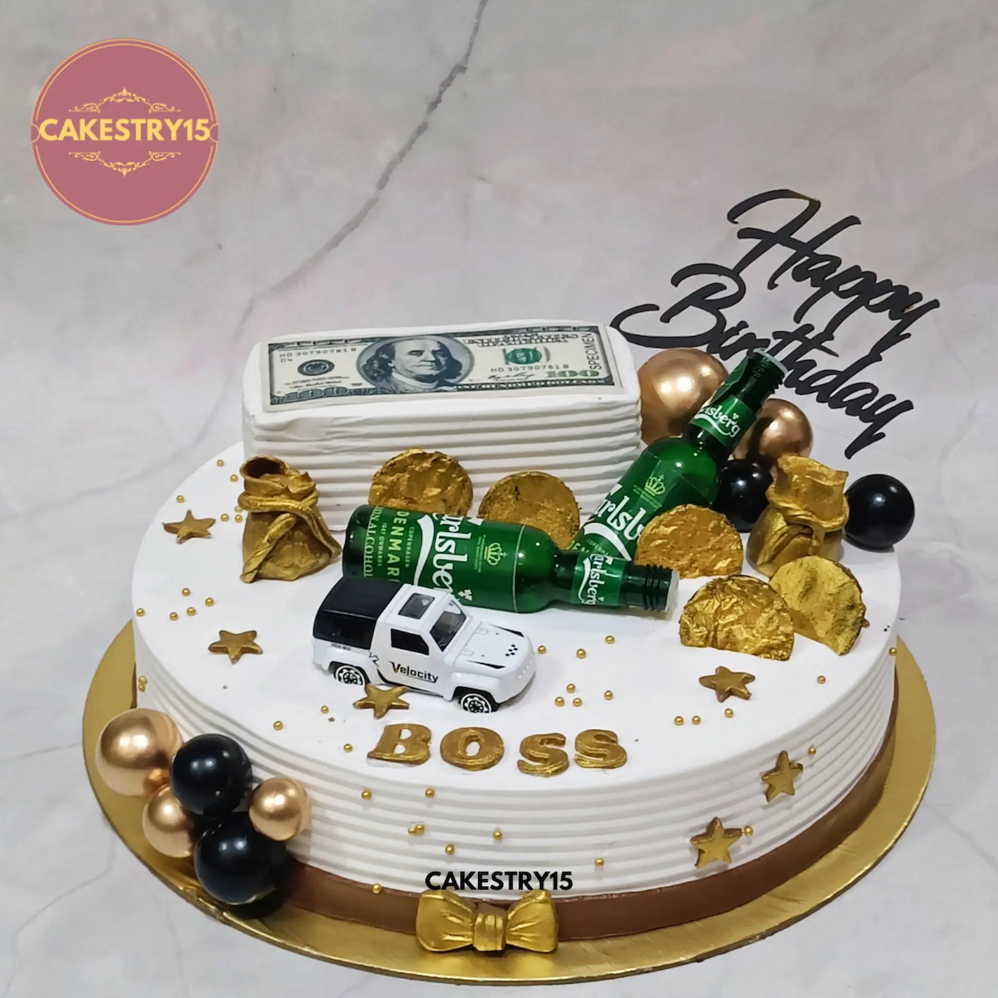 Boss birthday theme eggless pineapple cake with dollar bundles, beer bottle toppers and luxury corporate design in Noida