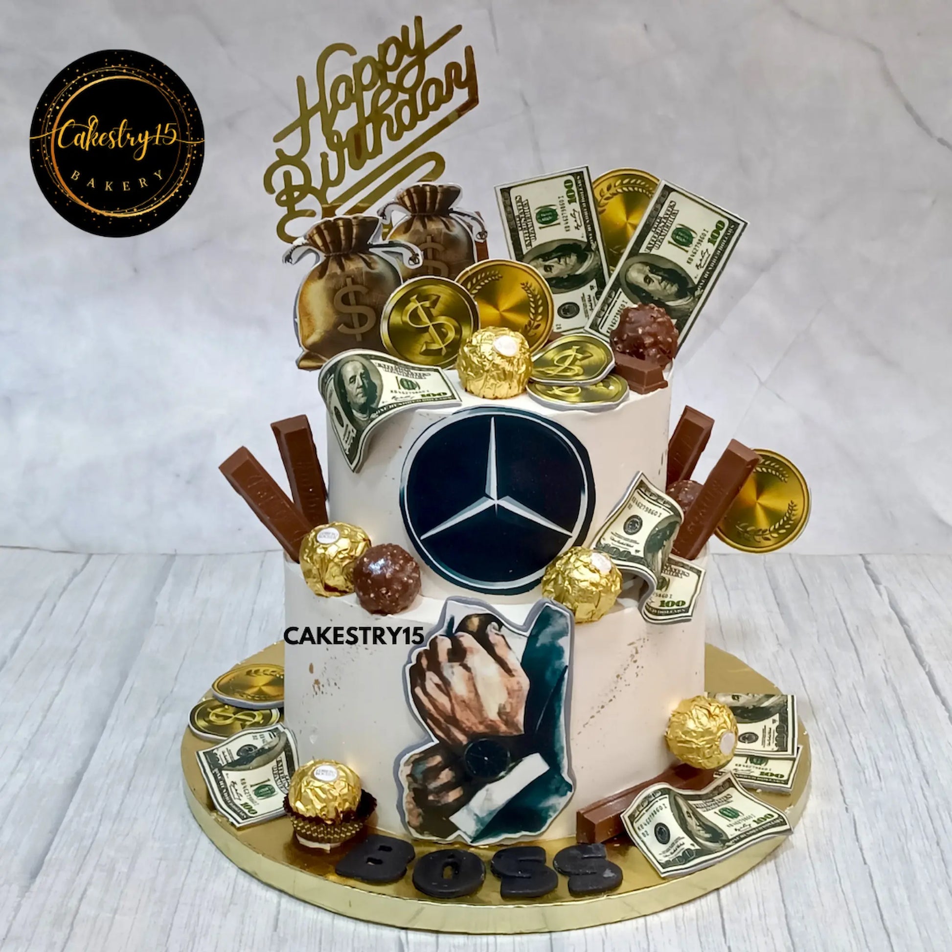  3kg chocolate birthday cake with edible suit image, money decor, Ferrero and KitKat, made by Cakestry15