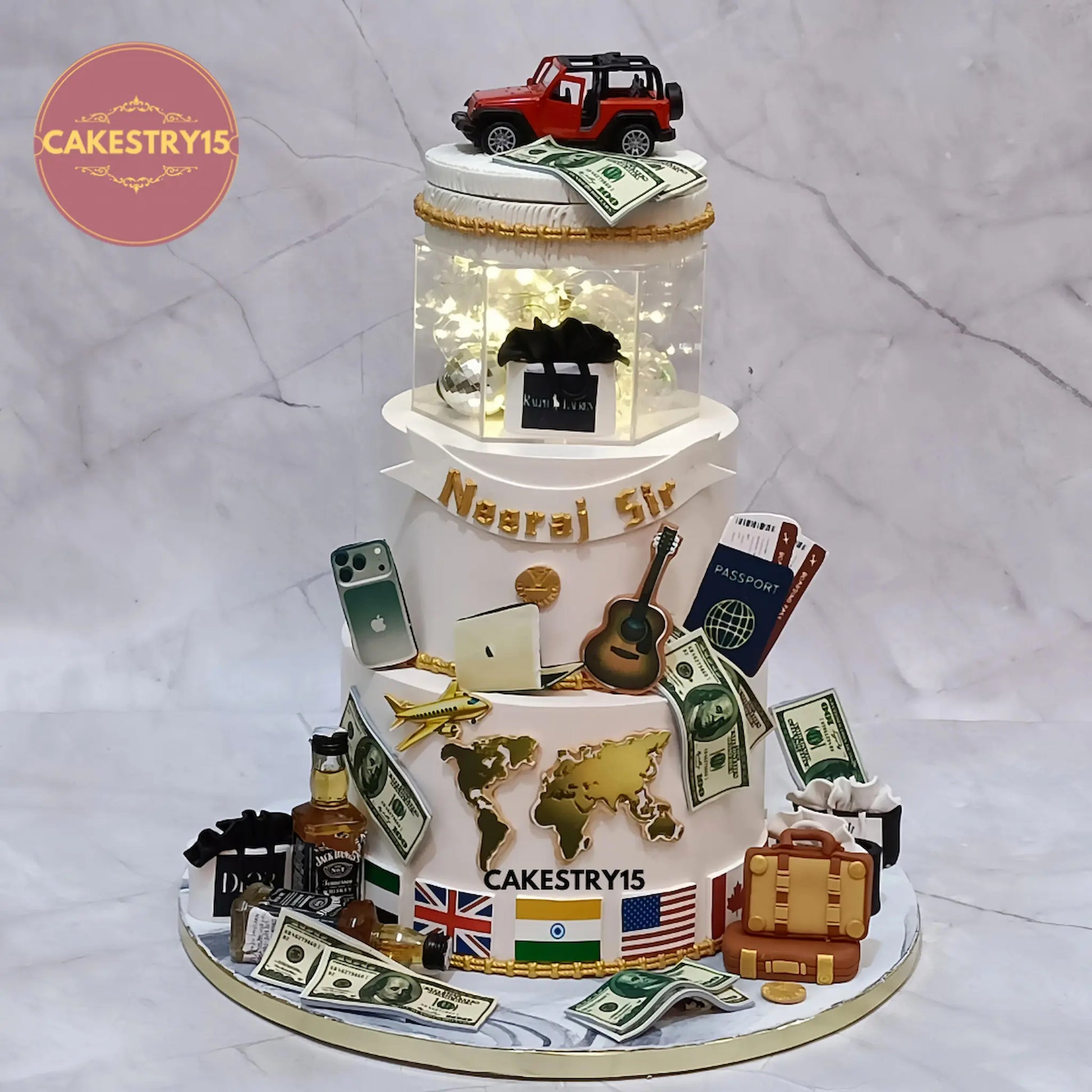 5kg chocolate boss birthday cake with world map, country flags, Jeep rotator, and luxury fondant decorations from Cakestry15 Noida