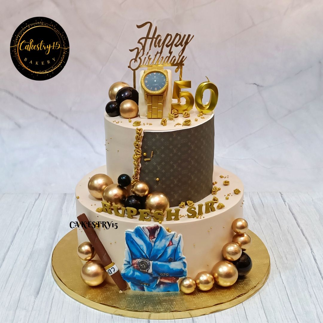 boss theme 5kg size 2tier chocolate flavor 50th birthday cake,full image