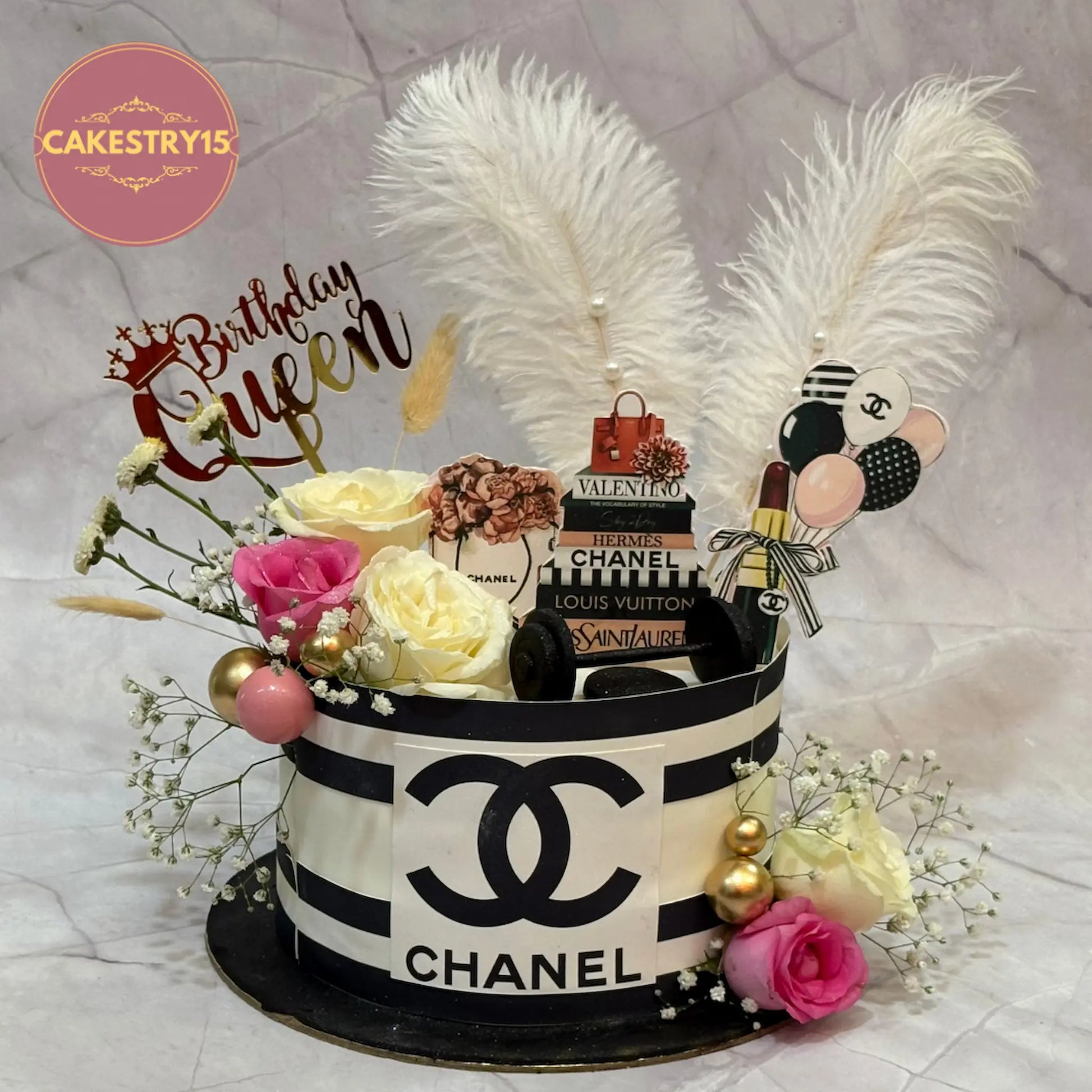 Luxury brands theme eggless birthday cake for women with designer edible elements and premium finish by Cakestry15 Noida