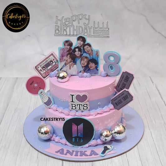 Eggless BTS kids birthday cake with disco ball decorations and chocolate theme cake design in Noida.