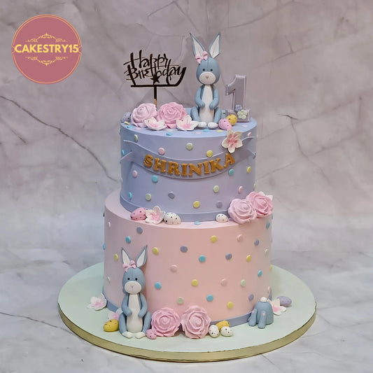 Bunny theme first birthday cake eggless kids birthday cake in Noida with rabbit design and floral details