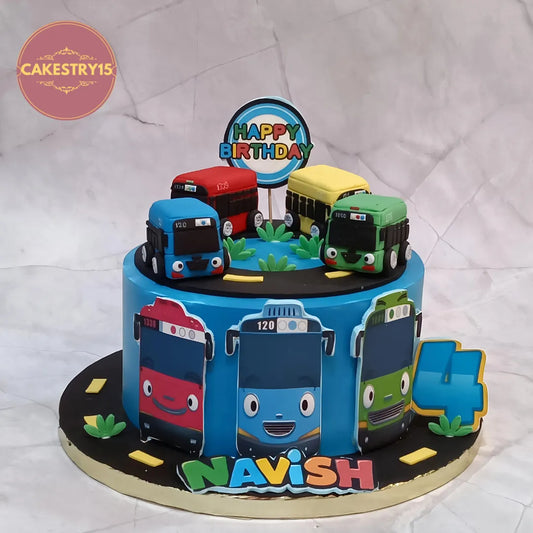Bus theme kids birthday cake with fondant road and buses, premium eggless cakes and theme cake Noida for 4th birthday celebrations.