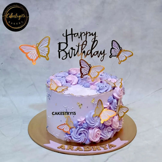 2kg chocolate butterfly theme birthday cake for Aradhya with faux butterflies and cream rosettes by cakestry15,best bakery noida