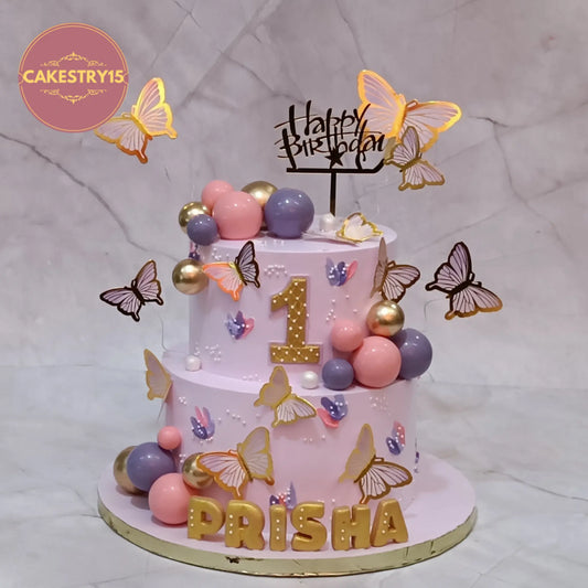 Butterfly themed kids birthday cake in pink and lavender, premium theme cake Noida from eggless cakes collection
