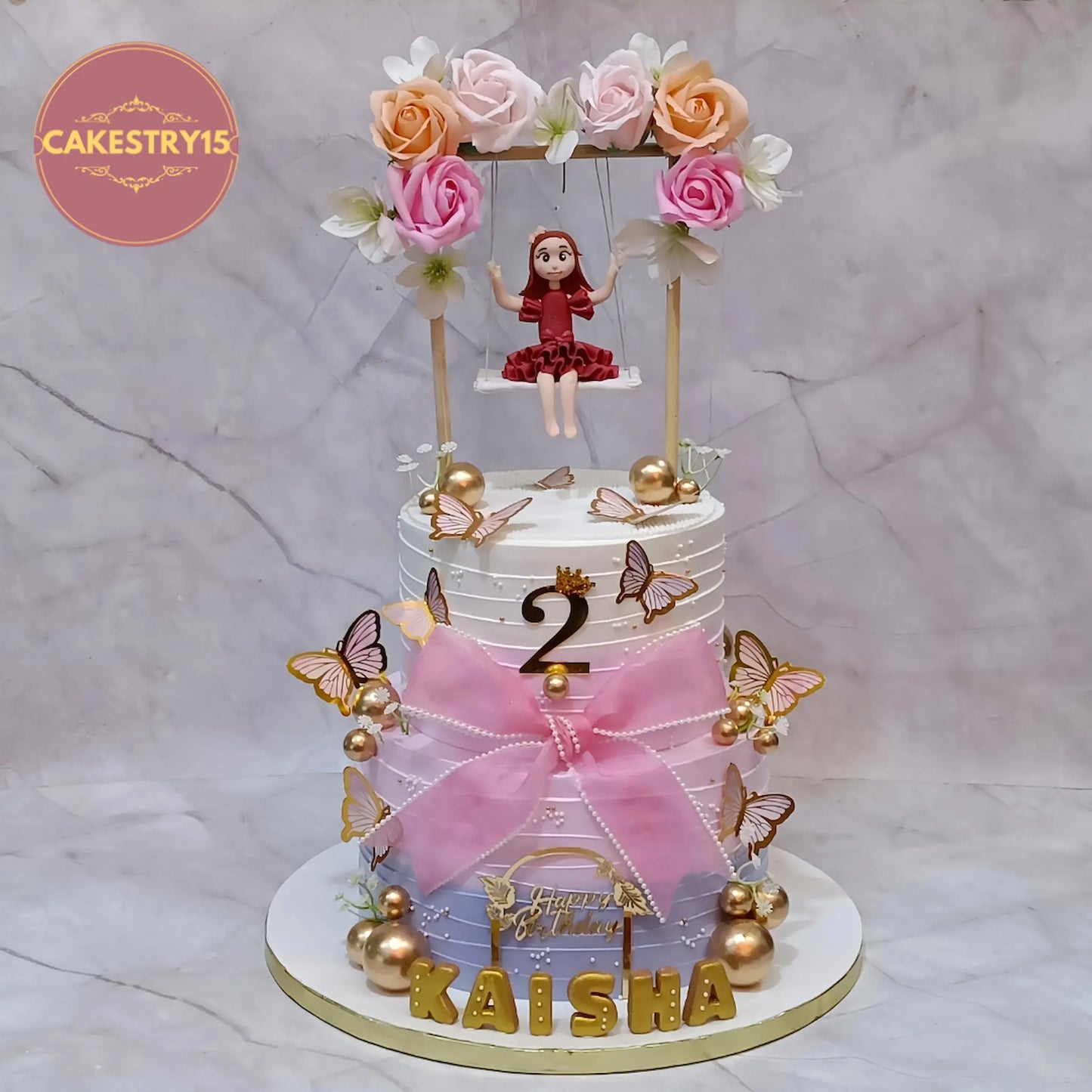 Butterfly theme 2nd birthday cake eggless kids birthday cake in Noida with swing and floral design