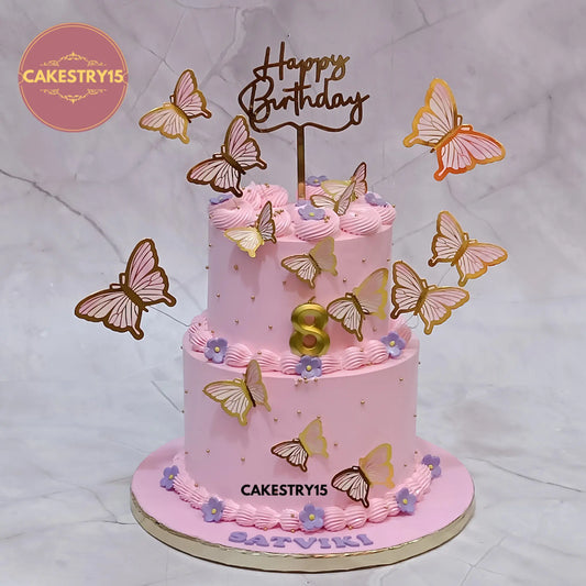 3kg butterfly theme pineapple birthday cake with pink rosettes and faux butterflies by Cakestry15 in noida