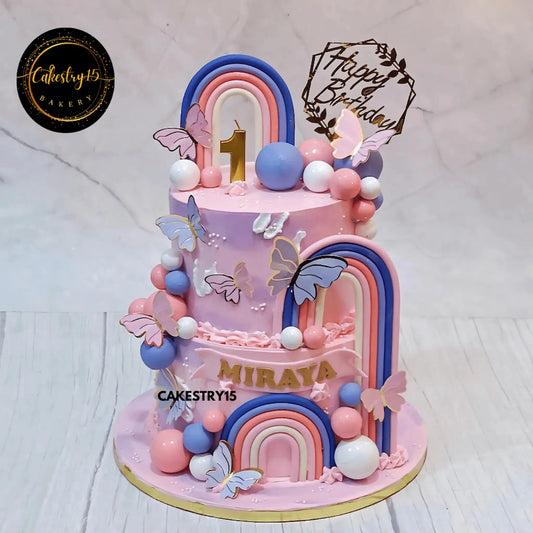 Butterfly theme kids birthday cake in Noida with rainbows and pastel design, premium eggless cakes for first birthday celebrations