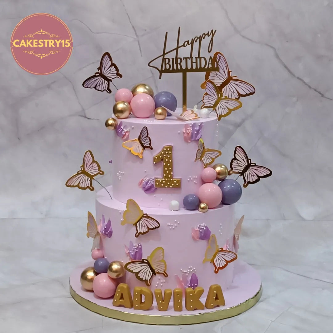butterfly eggless theme first birthday cake in 2kg pineapple flavor for advika by cakestry15
