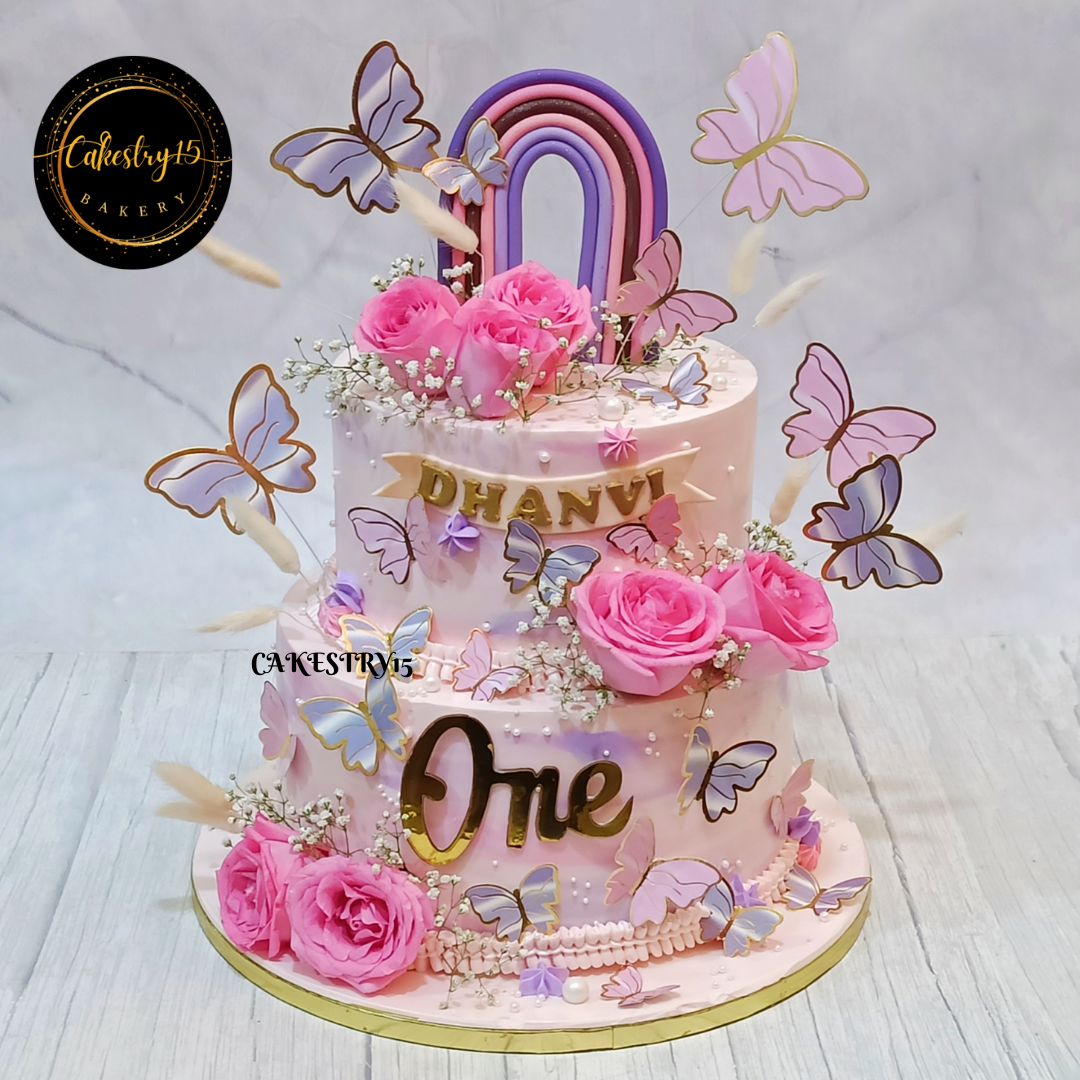 butterfly floral rainbow 5kg size 2tier pineapple flavour 1st birthday cake,full image