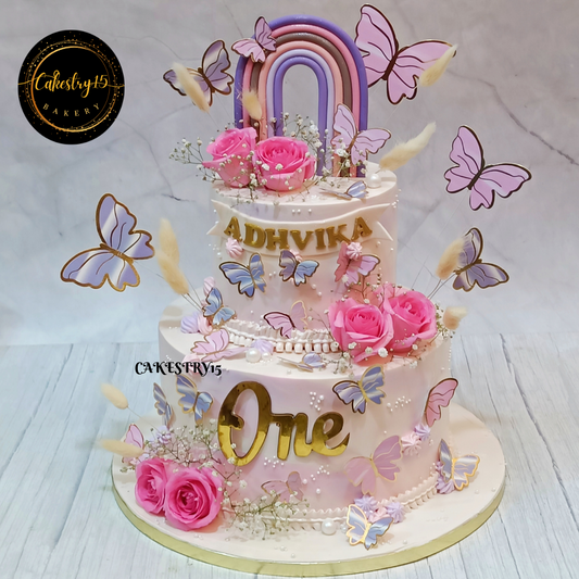 butterfly floral theme 4kg size 2tier choco vanilla flavor 1st birthday cake,full image