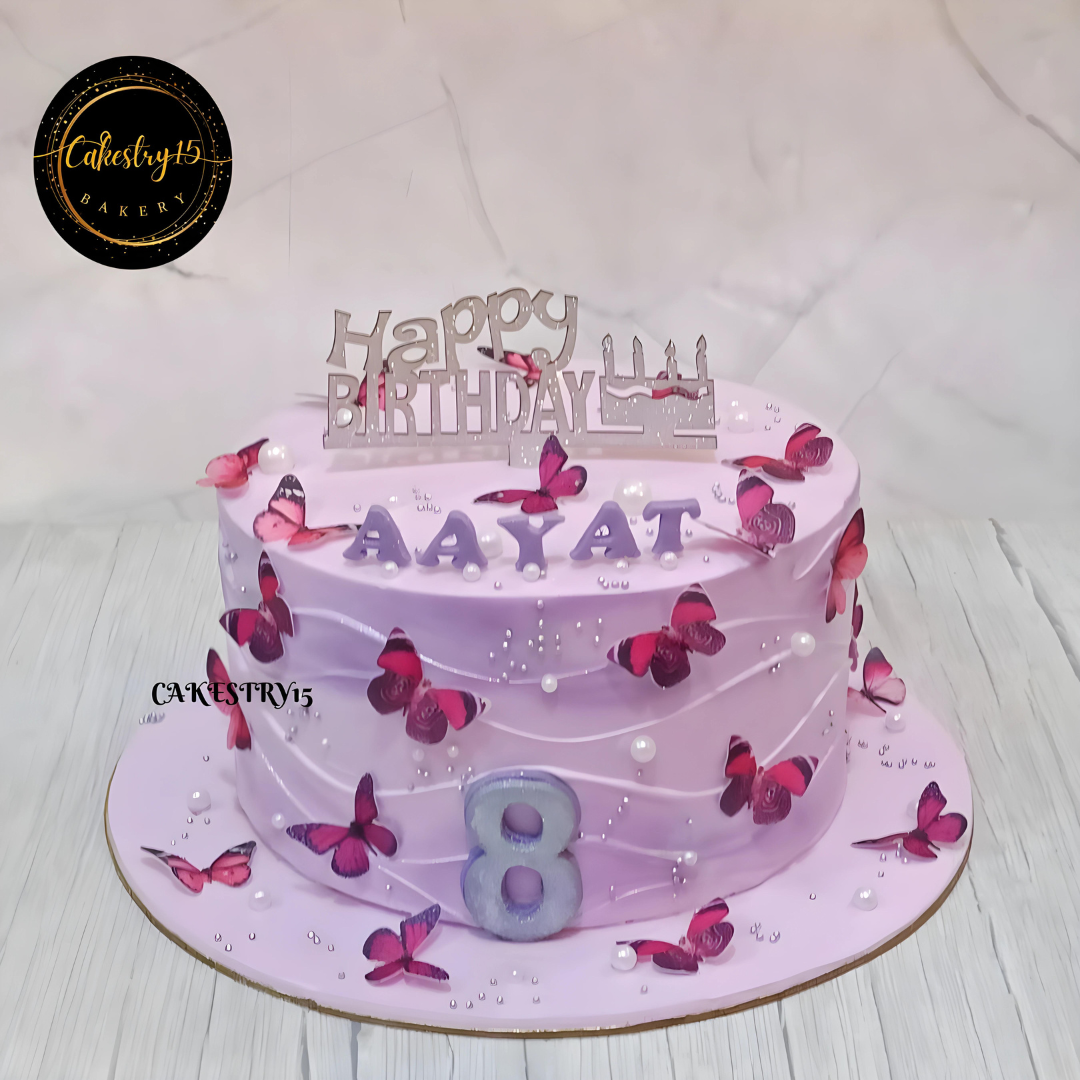 butterfly theme 1kg size butterscotch flavor 8th birthday cake,full image