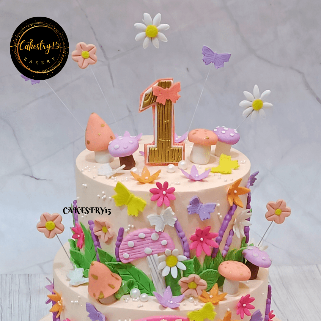 butterfly theme 2kg size pineapple flavor first birthday cake,top tier image