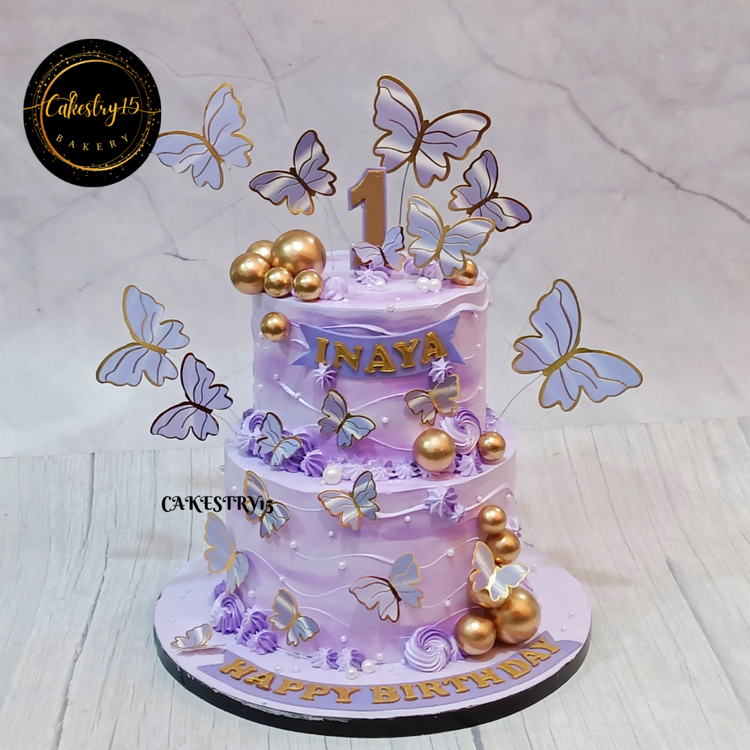 butterfly theme 3kg size 2tier chocolate flavor 1st birthday cake,full image