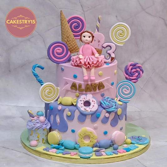 Premium kids birthday cake with candy theme styling, perfect as a theme cake Noida from Cakestry15 eggless cakes collection.