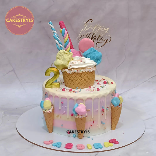 1kg choco vanilla Candyland theme eggless birthday cake with fondant cupcake, candies and ganache drip by Cakestry15 Noida