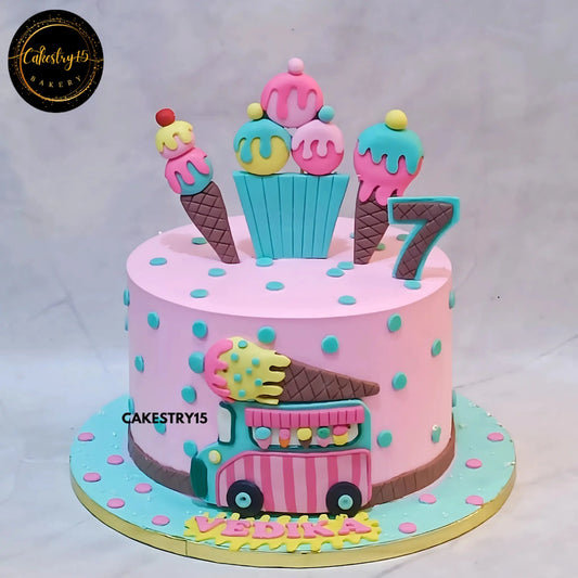 Candyland kids birthday cake with candy bus design, theme cake Noida from eggless cakes collection