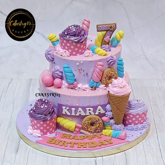 candyland theme 3kg size 2tier chocolate flavor 7th birthday cake,full image