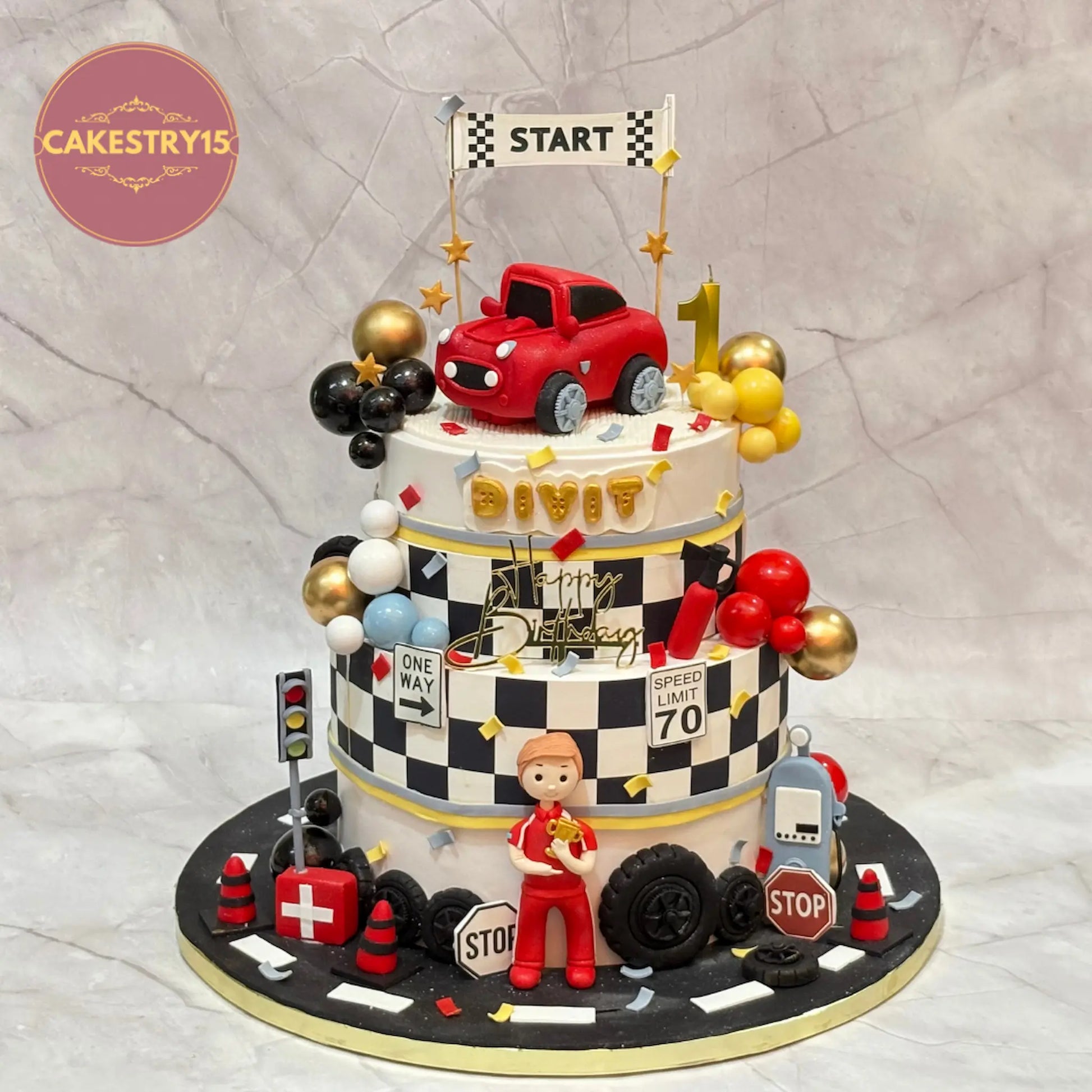 Car racing formula theme first birthday cake with sports car topper and racing details, eggless chocolate cake by Cakestry15 Noida