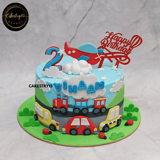 Eggless car theme 2nd birthday cake 2kg for kids with blueberry flavour and vehicle design, custom made for Vihaan in Noida