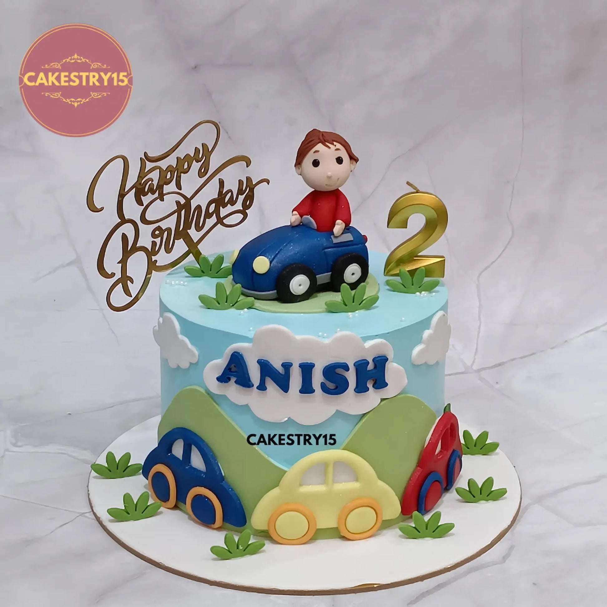 Eggless car theme 2nd birthday cake for kids in chocolate flavour, custom-made by Cakestry15 in Noida