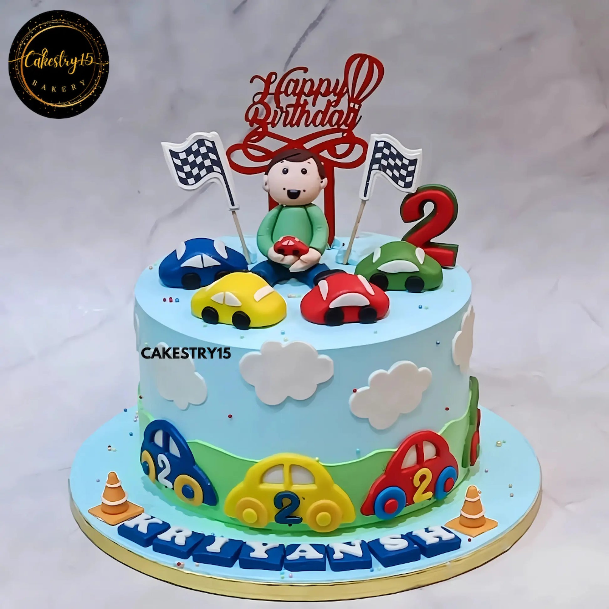 Eggless car theme 2nd birthday cake for kids with fondant cars and boy figurine by Cakestry15 Noida