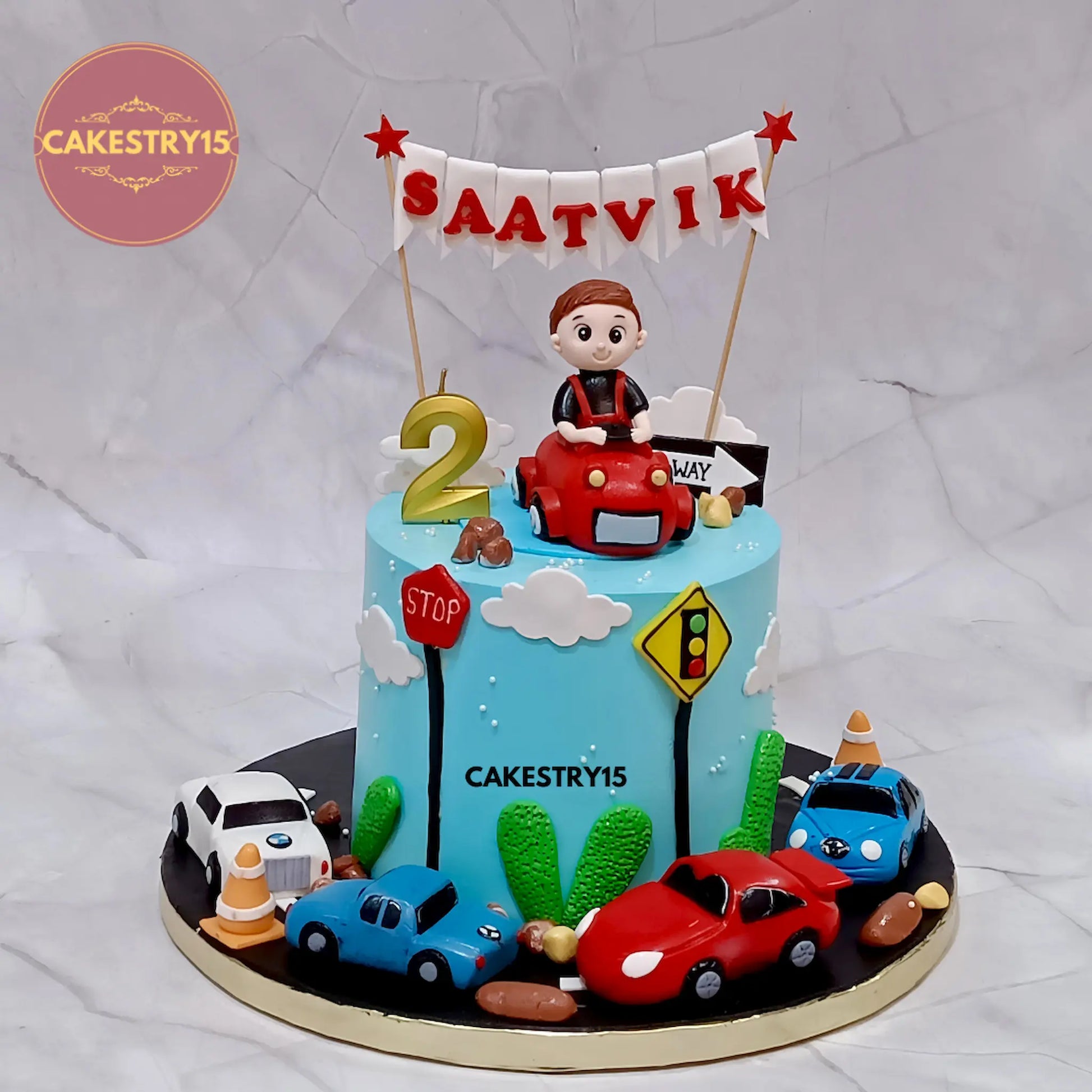 Eggless car theme 2nd birthday cake for kids with fondant cars and personalised name, custom cake by Cakestry15 Noida