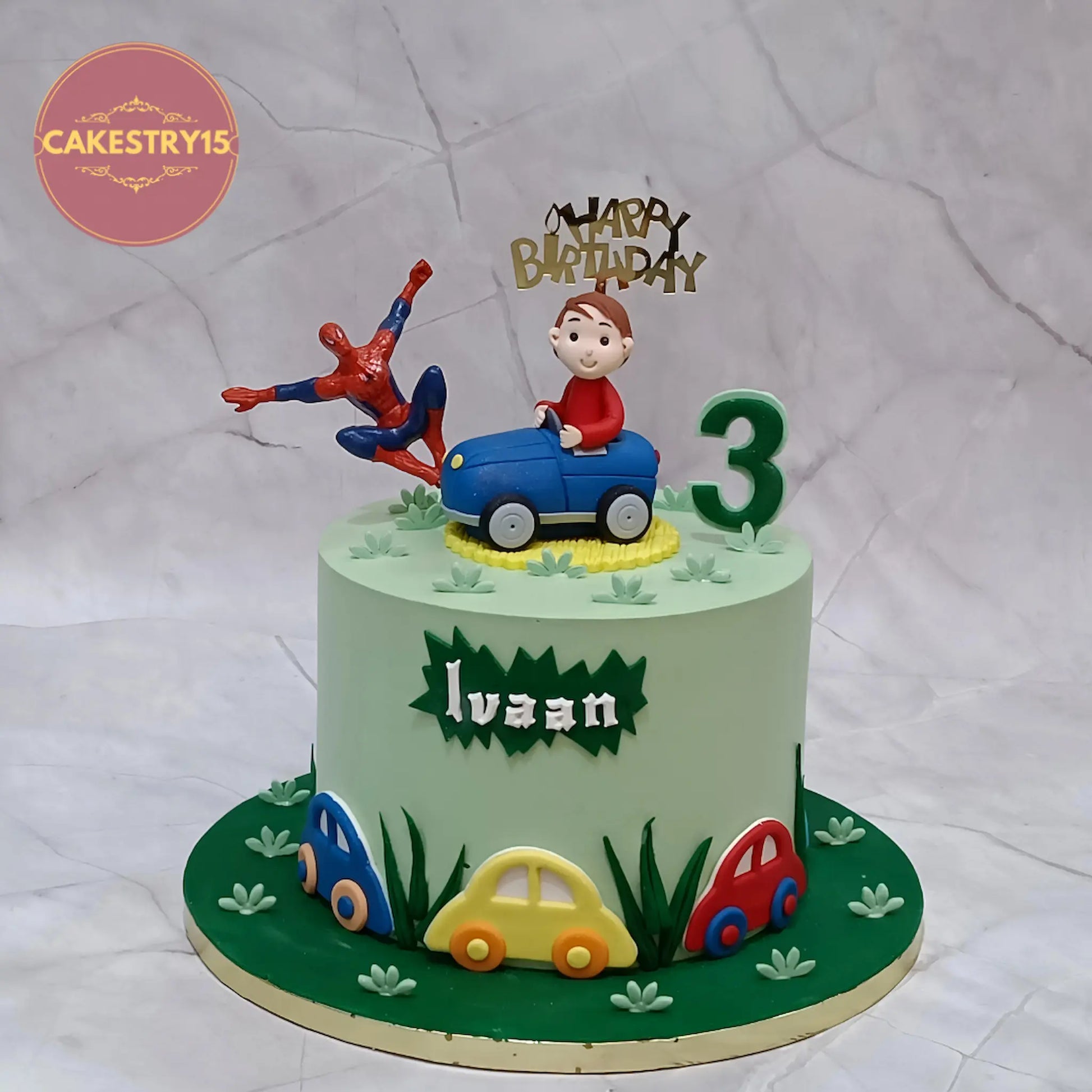 Eggless kids birthday cake with car theme design for 3rd birthday celebrations and premium theme cake Noida delivery.