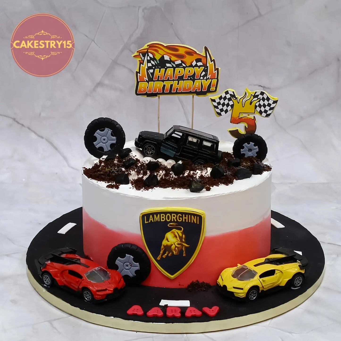 Car theme black forest birthday cake for kids with Thar and Ferrari design, eggless custom cake by Cakestry15 Noida