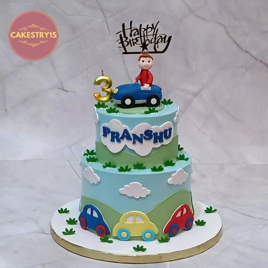 Eggless car theme kids birthday cake in Noida with fondant car and boy topper, 3kg butterscotch flavour by cakestry15