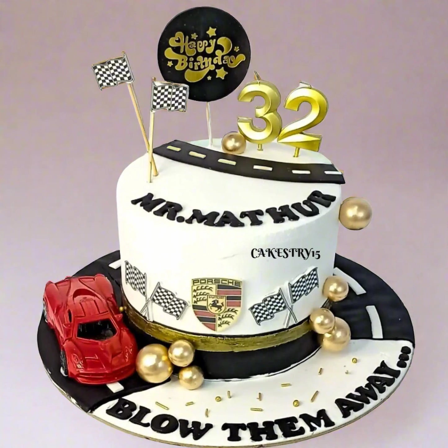 Eggless car theme milestone birthday cake in chocolate hazelnut with racing flags, fondant road and custom design by Cakestry15 Noida