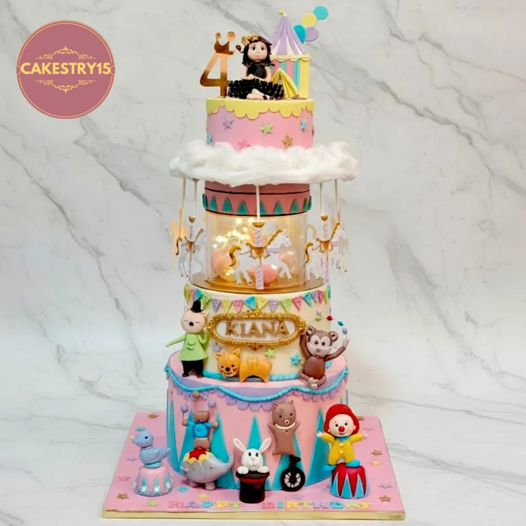 Carnival theme kids birthday cake with a 4-tier design, perfect for eggless cakes and a theme cake Noida celebration.