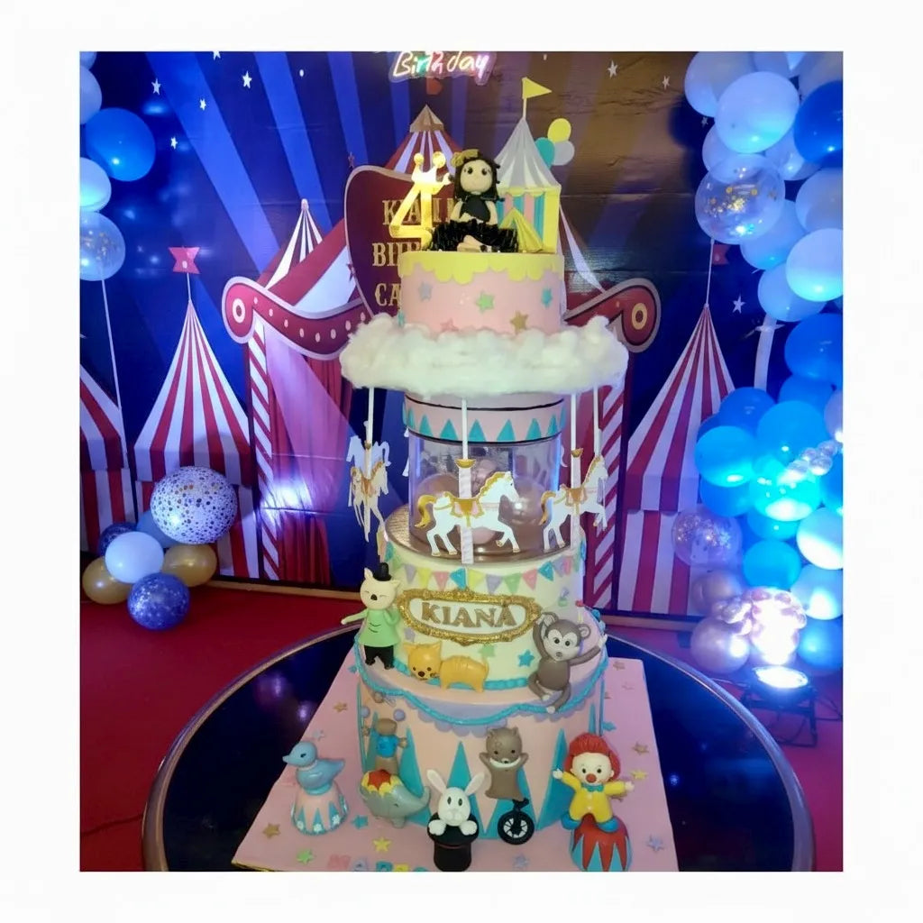 Carnival theme kids birthday cake displayed at a 4th birthday celebration, showcasing an eggless cakes design for a theme cake Noida.