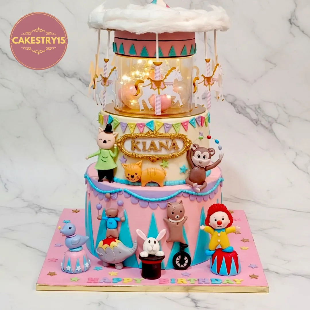 Close-up of a Carnival theme kids birthday cake showing its detailed 4-tier design from an eggless cakes bakery in Noida.