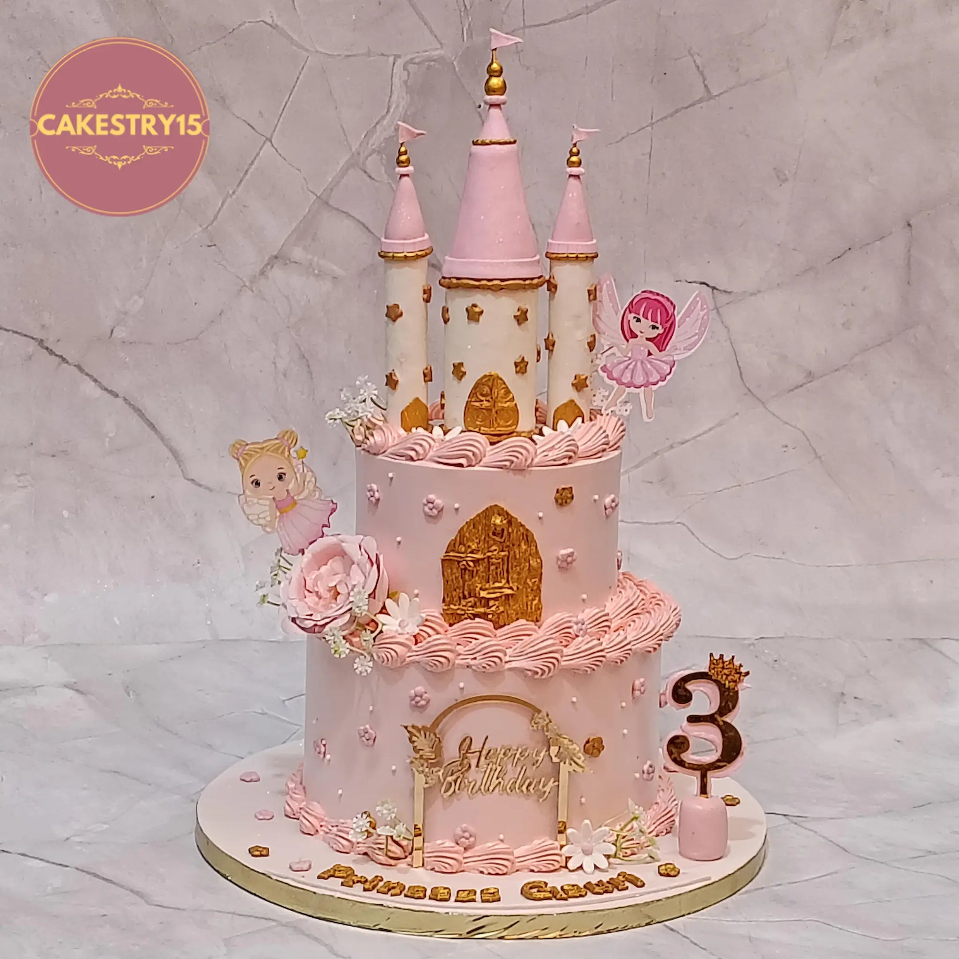Elegant castle kids birthday cake with fairy detailing and floral accents, perfect as a theme cake Noida from Cakestry15 eggless cakes collection.