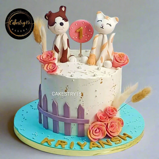 Cat dog kids birthday cake theme cake Noida with eggless strawberry design and fondant animals