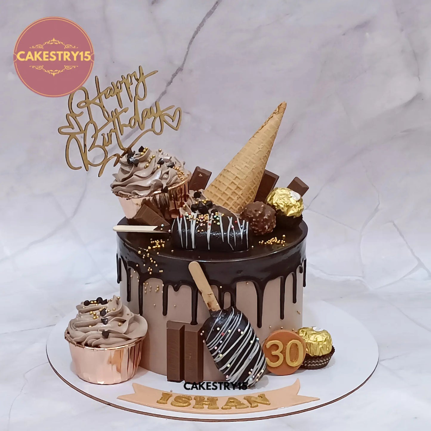 1 kg chocolate flavour chocolate overload 30th birthday cake with cupcakes and waffle cone by Cakestry15 Noida