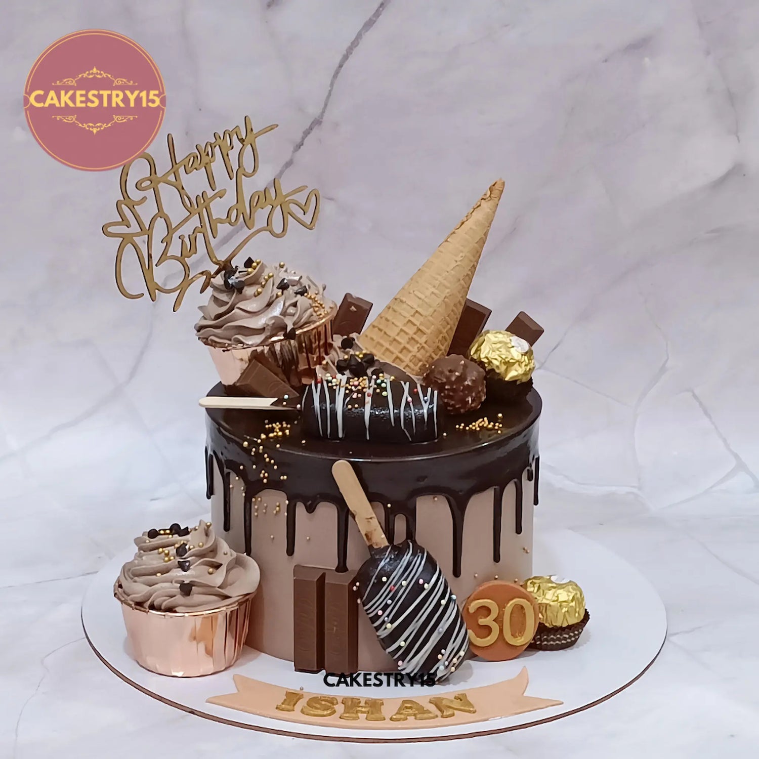 1 kg chocolate flavour chocolate overload 30th birthday cake with cupcakes and waffle cone by Cakestry15 Noida